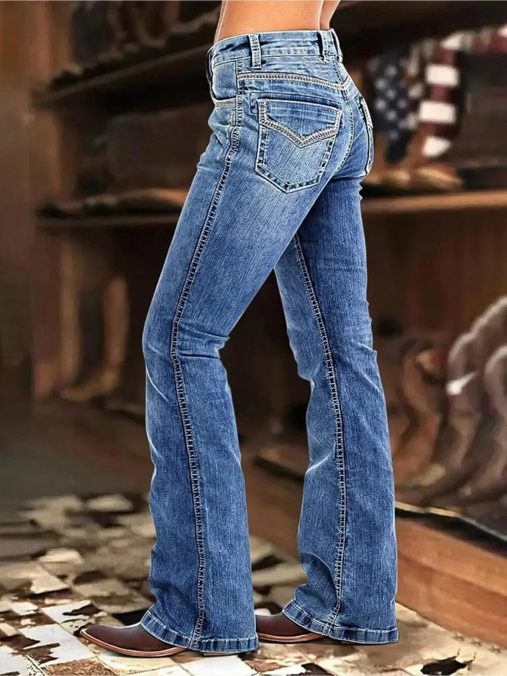 Women's Celestial Blue Pull On Mid Rise Flare Leg Zipper Lifting Bootcut Jeans